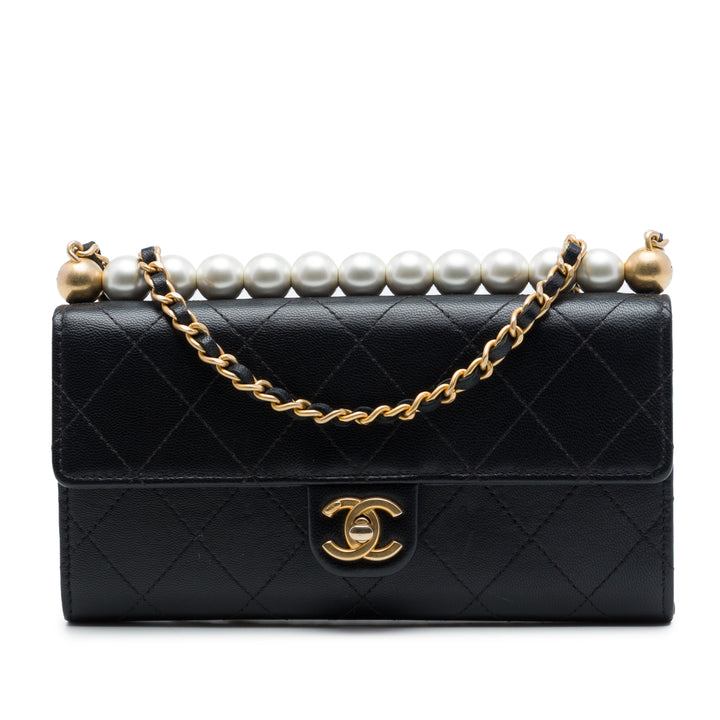 Matelassé Chic Perles Pochette avec chaîne Cuir de chèvre Noir