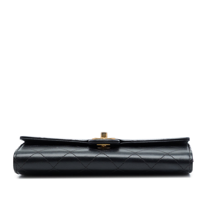 Matelassé Chic Perles Pochette avec chaîne Cuir de chèvre Noir