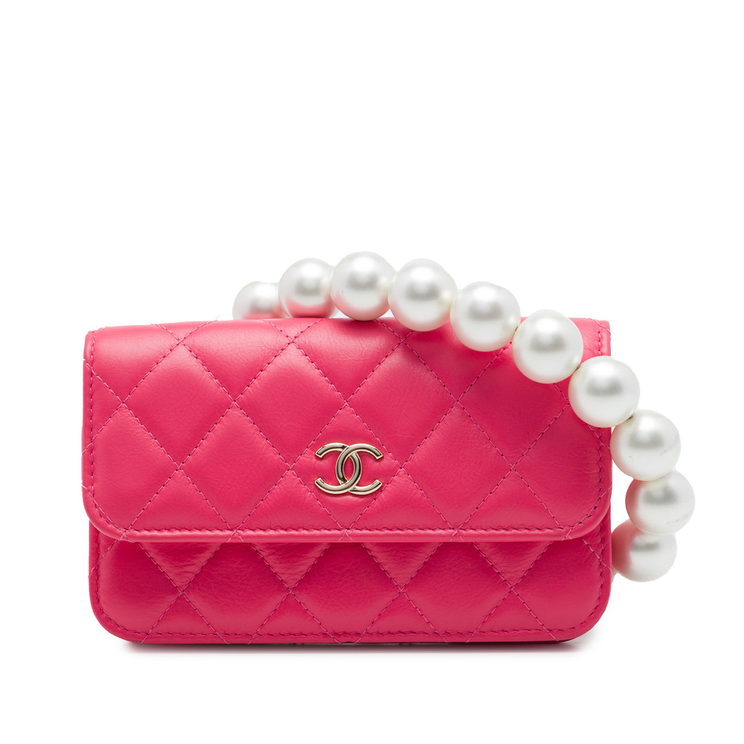 Chanel Matelassé Perles Pochette avec chaîne Maxi Cuir d'agneau Rose – vue principale – GABY PARIS