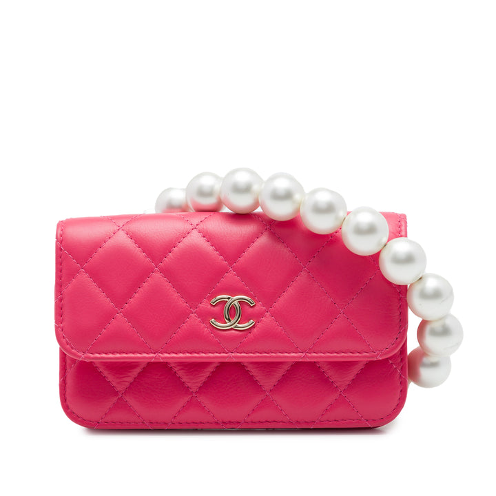 Chanel Matelassé Perles Pochette avec chaîne Maxi Cuir d'agneau Rose – vue principale – GABY PARIS