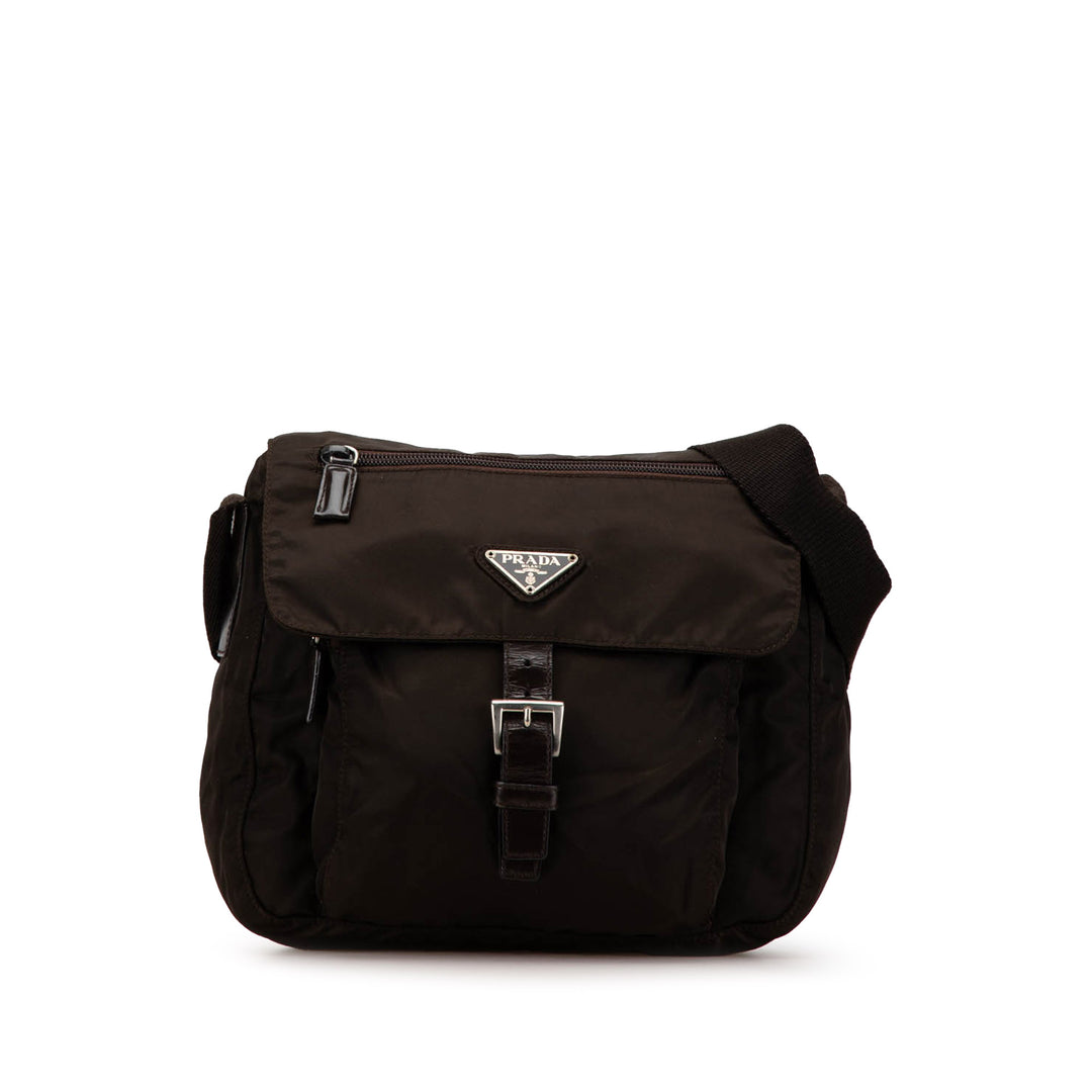 Prada Tessuto Zip Buckle Messenger Bag Brown - GABY PARIS