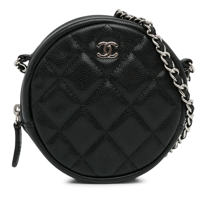 CC Quilted Caviar Round Clutch With Chain Black - Gaby Paris
