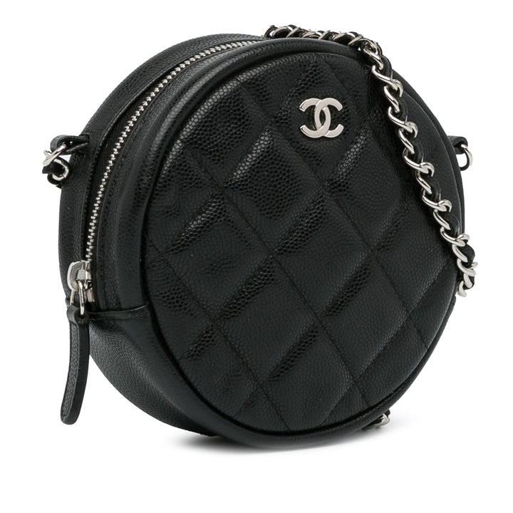 CC Quilted Caviar Round Clutch With Chain Black - Gaby Paris