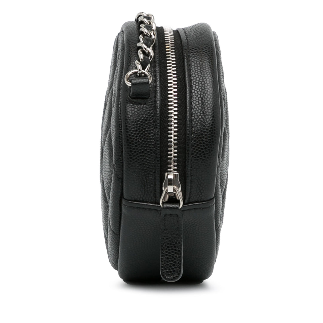 CC Quilted Caviar Round Clutch With Chain Black - Gaby Paris
