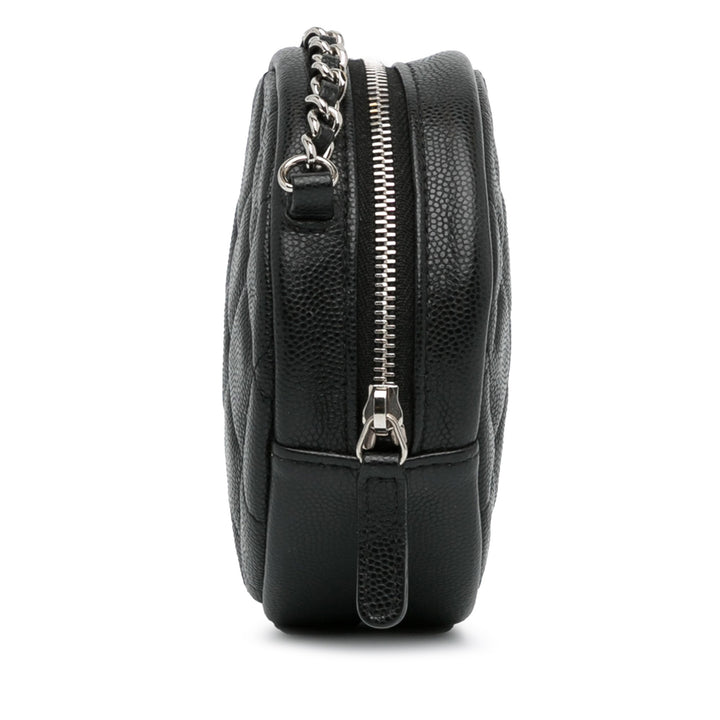 CC Quilted Caviar Round Clutch With Chain Black - Gaby Paris