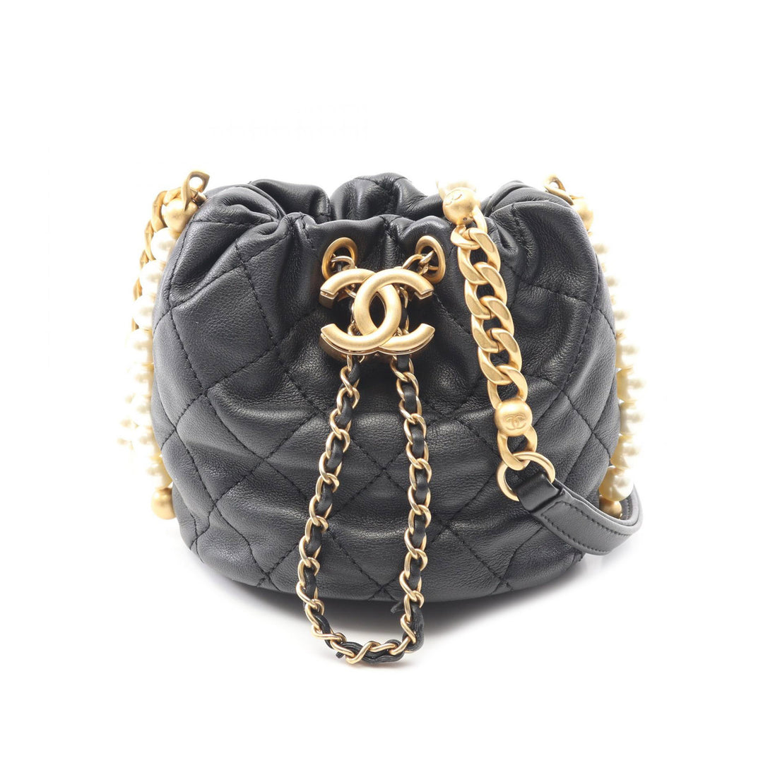 Mini Quilted Calfskin About Pearls Drawstring Bucket Bag Black - Gaby Paris