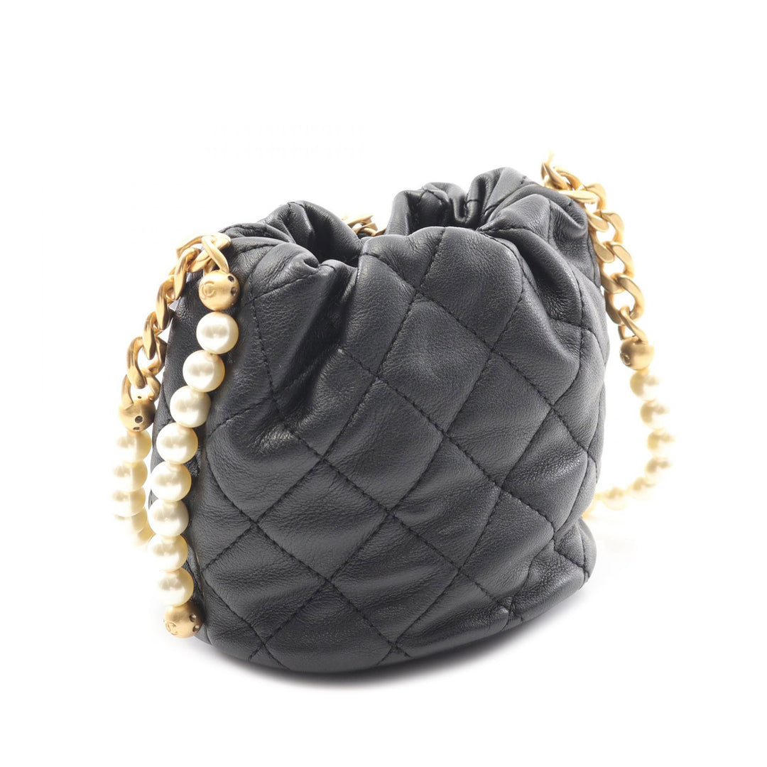 Mini Quilted Calfskin About Pearls Drawstring Bucket Bag Black - Gaby Paris