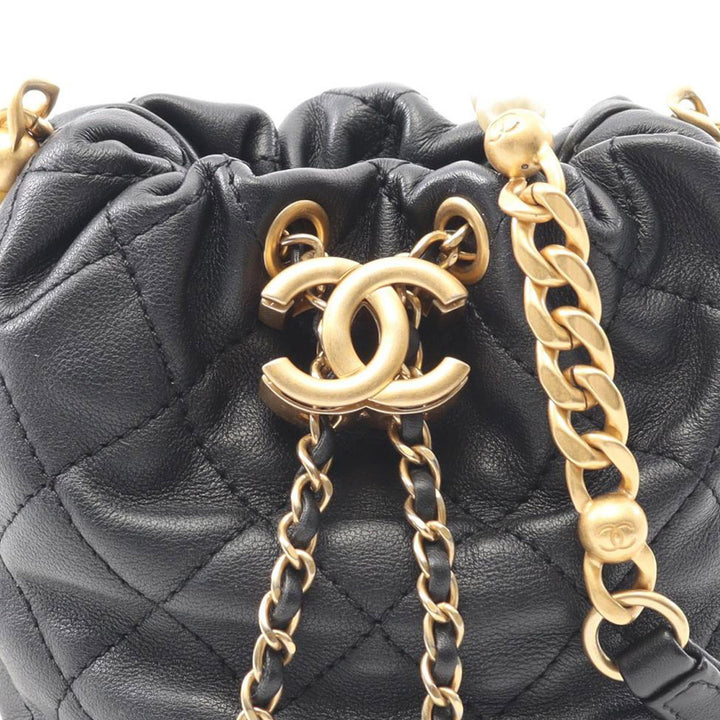 Mini Quilted Calfskin About Pearls Drawstring Bucket Bag Black - Gaby Paris