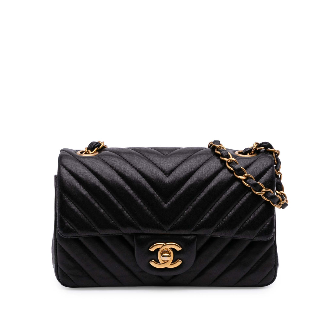 Mini Rectangular Classic Chevron Lambskin Single Flap Black - Gaby Paris