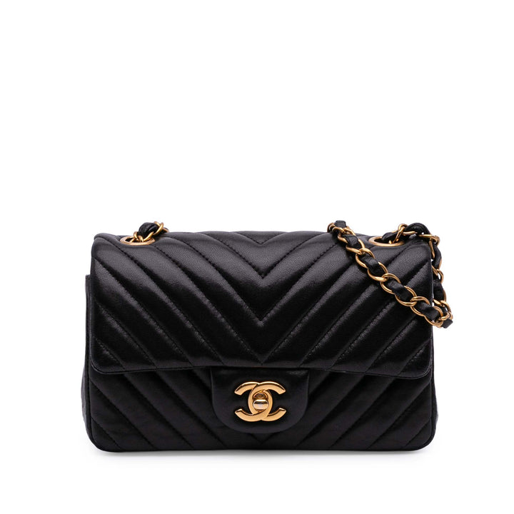 Mini Rectangular Classic Chevron Lambskin Single Flap Black - Gaby Paris