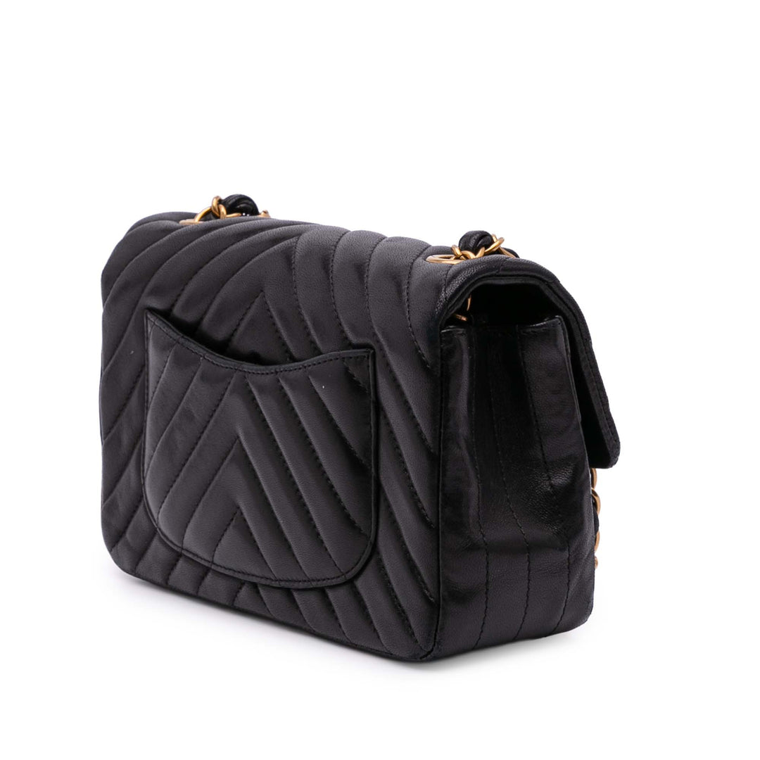 Mini Rectangular Classic Chevron Lambskin Single Flap Black - Gaby Paris