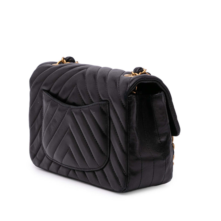 Mini Rectangular Classic Chevron Lambskin Single Flap Black - Gaby Paris