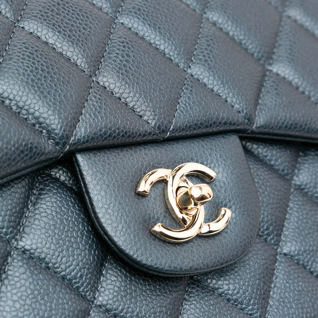 Medium Classic Iridescent Lambskin Double Flap Blue - Gaby Paris