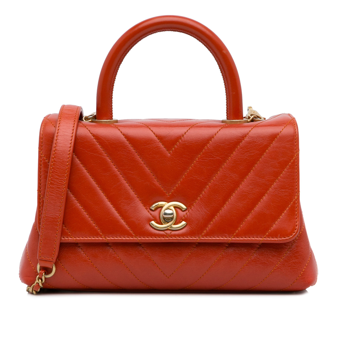 Small Lambskin Chevron Coco Top Handle Bag Red - Gaby Paris