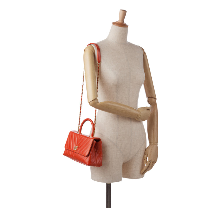 Small Lambskin Chevron Coco Top Handle Bag Red - Gaby Paris