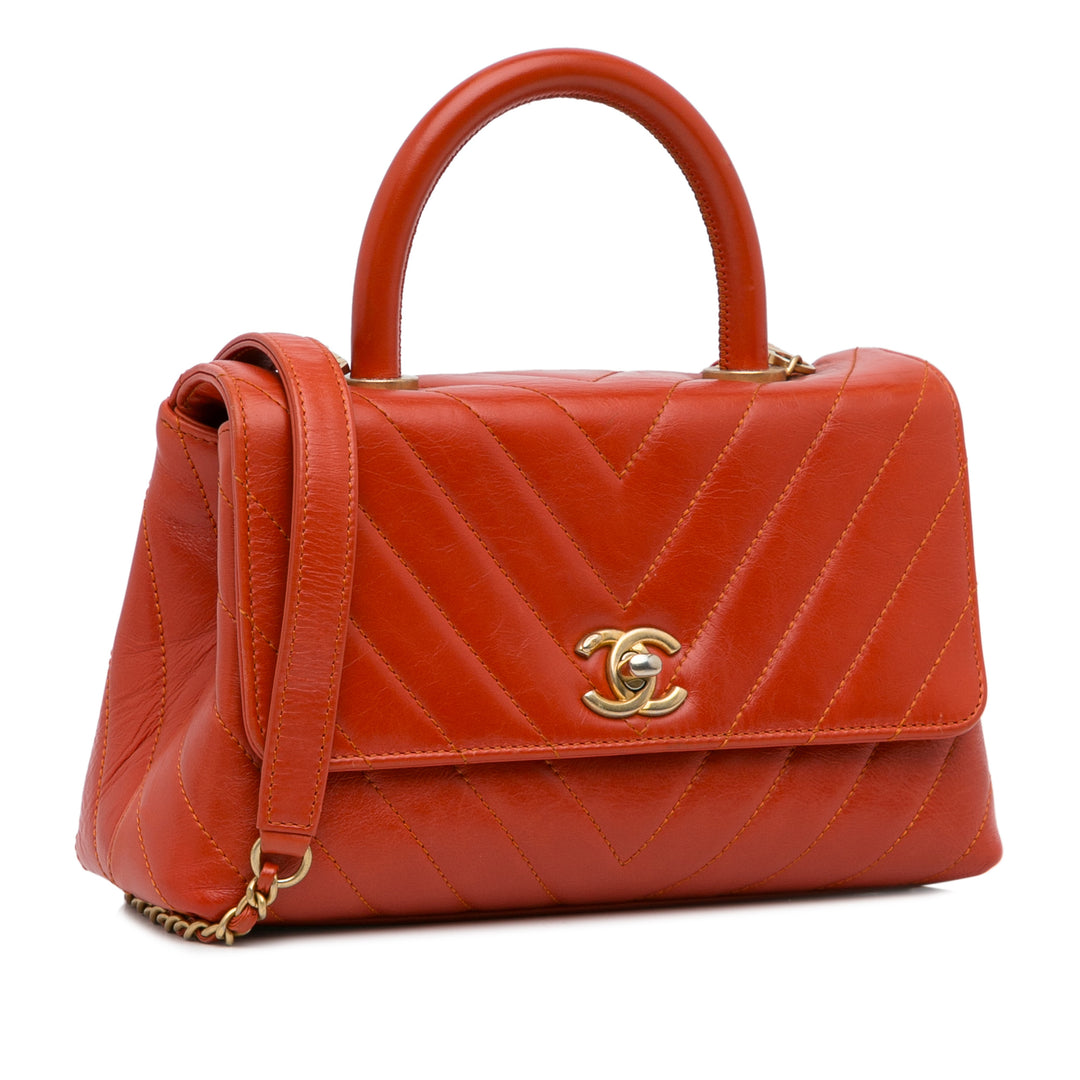 Small Lambskin Chevron Coco Top Handle Bag Red - Gaby Paris