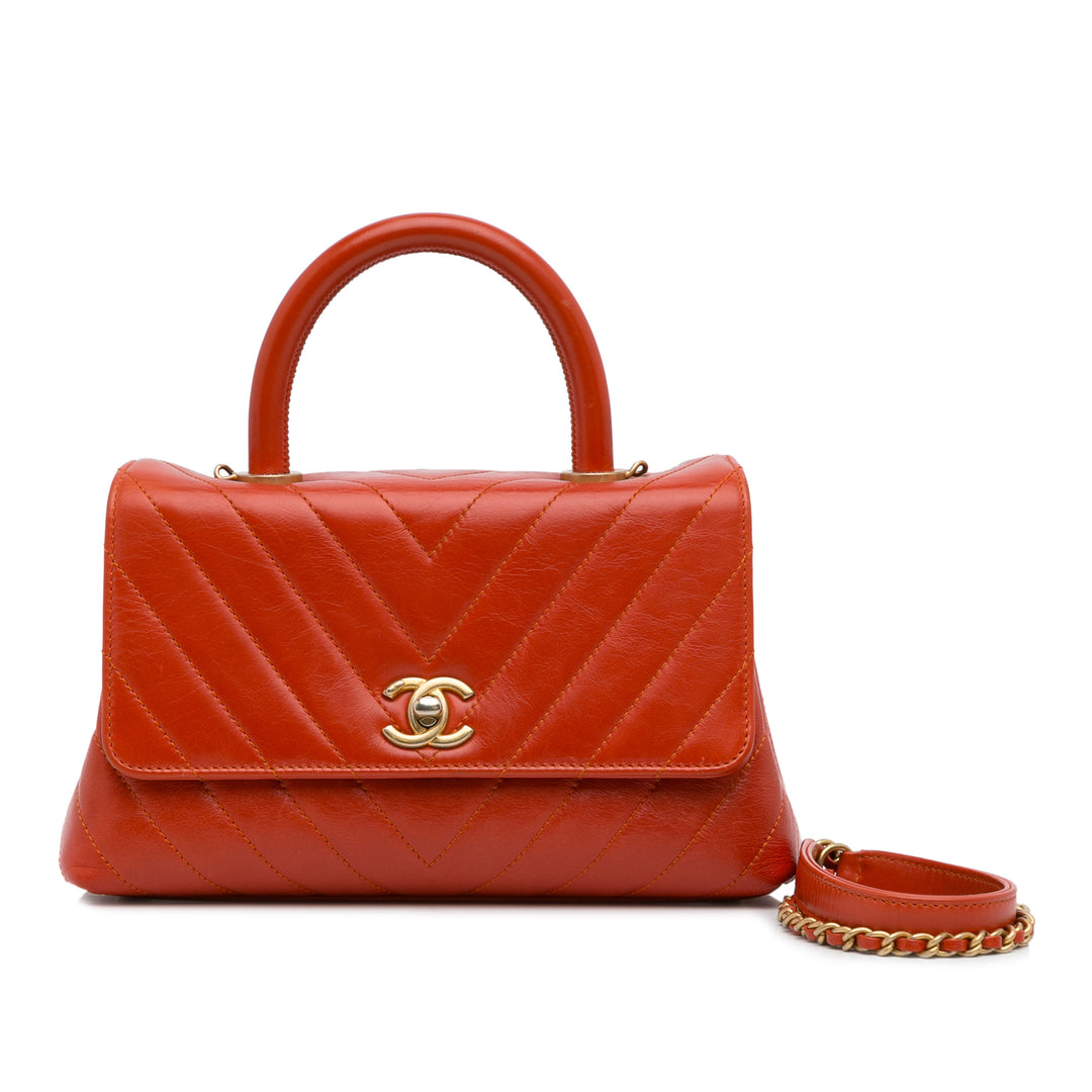 Small Lambskin Chevron Coco Top Handle Bag Red - Gaby Paris