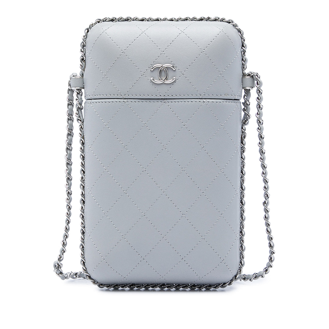 CC Matelassé Sac rond à chaîne Étui téléphone Cuir d'agneau Gris