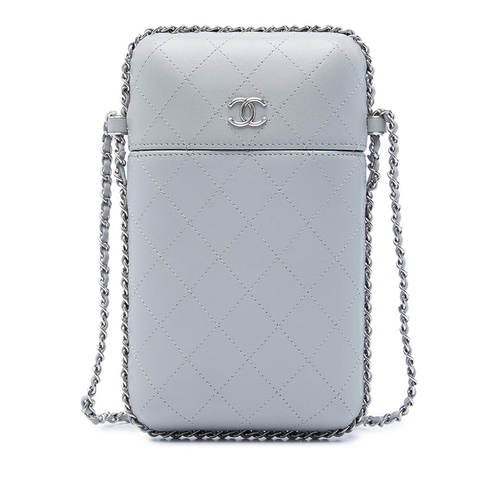 CC Matelassé Sac rond à chaîne Étui téléphone Cuir d'agneau Gris