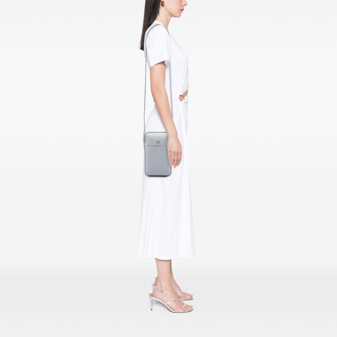 CC Matelassé Sac rond à chaîne Étui téléphone Cuir d'agneau Gris