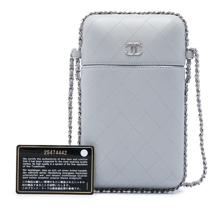CC Matelassé Sac rond à chaîne Étui téléphone Cuir d'agneau Gris