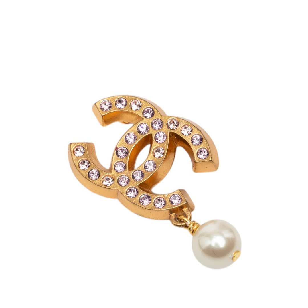 Chanel CC plaqué Strass et Perles fantaisie pendantes Broche Métal