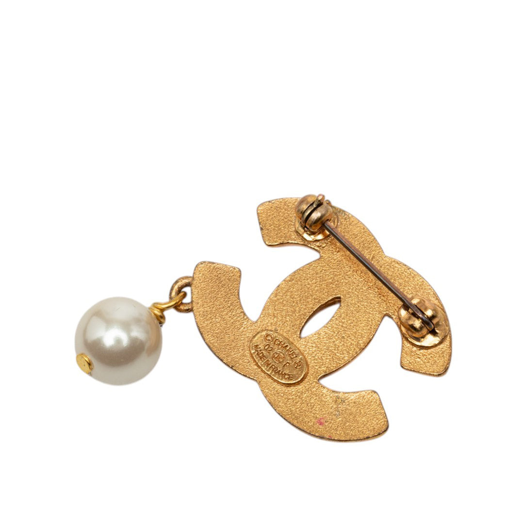 Chanel CC plaqué Strass et Perles fantaisie pendantes Broche Métal