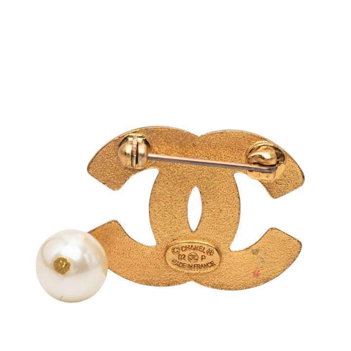Chanel CC plaqué Strass et Perles fantaisie pendantes Broche Métal