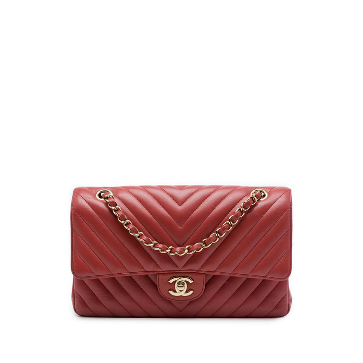 Classic Chevron Double rabat Moyen Cuir d'agneau Rouge