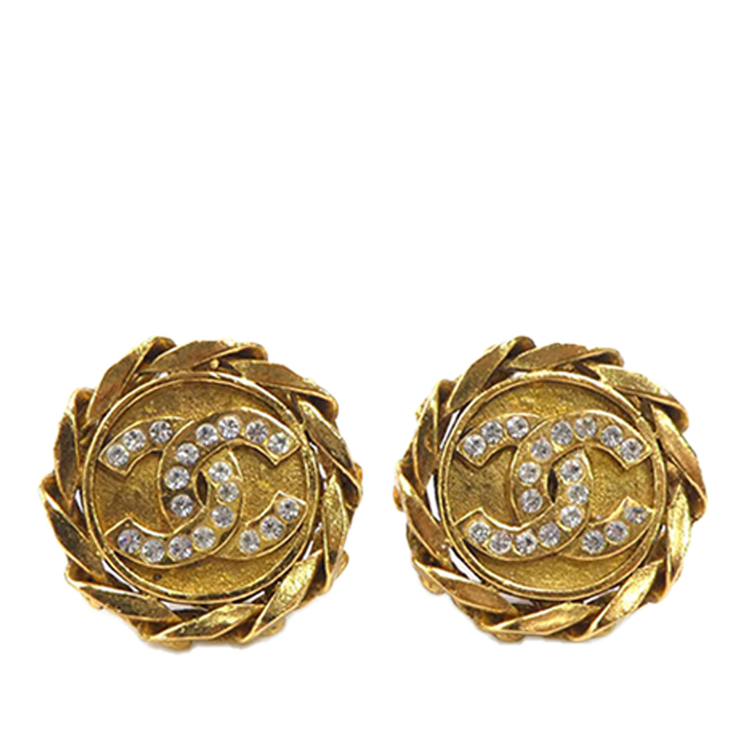Chanel CC plaqué et Strass Rond À clip Boucles d'oreilles Doré – vue principale – GABY PARIS