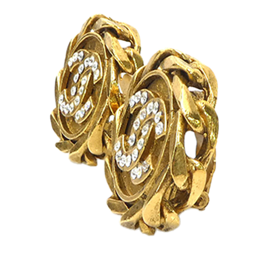 Chanel CC plaqué et Strass Rond À clip Boucles d'oreilles Doré – vue 2 – GABY PARIS