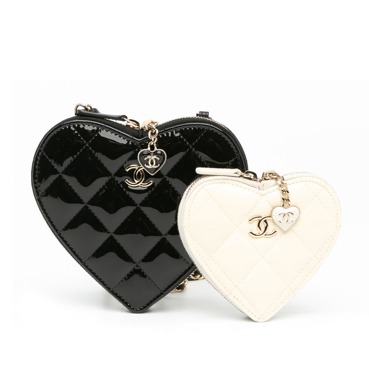 Quilted Patent Calfskin CC Heart Clutch With Chain Black - Gaby Paris