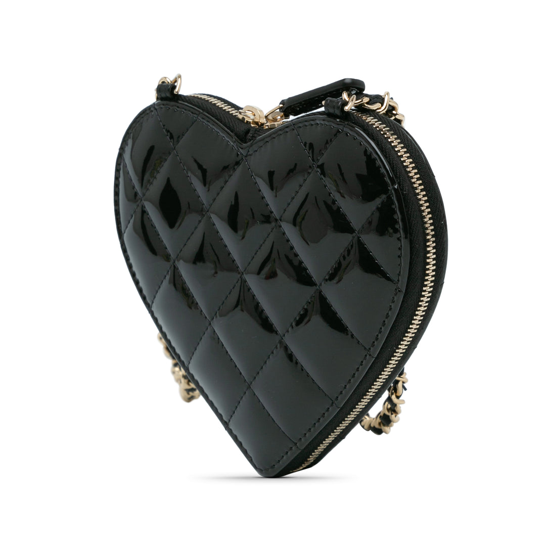 Quilted Patent Calfskin CC Heart Clutch With Chain Black - Gaby Paris