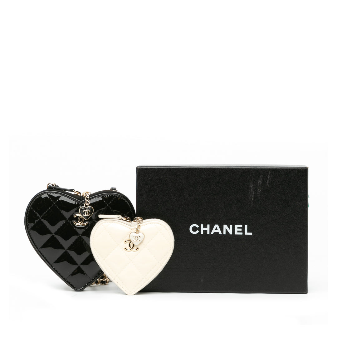 Quilted Patent Calfskin CC Heart Clutch With Chain Black - Gaby Paris