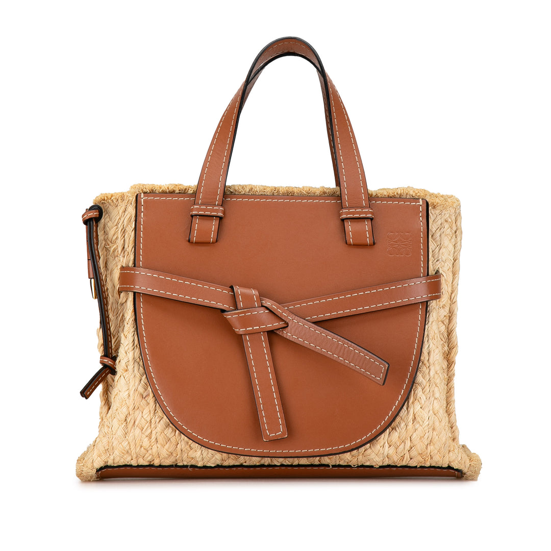 Small Raffia and Leather Gate Top Handle Bag Brown - Gaby Paris