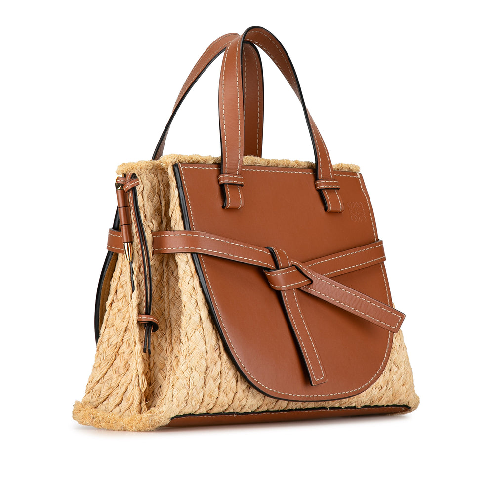 Small Raffia and Leather Gate Top Handle Bag Brown - Gaby Paris