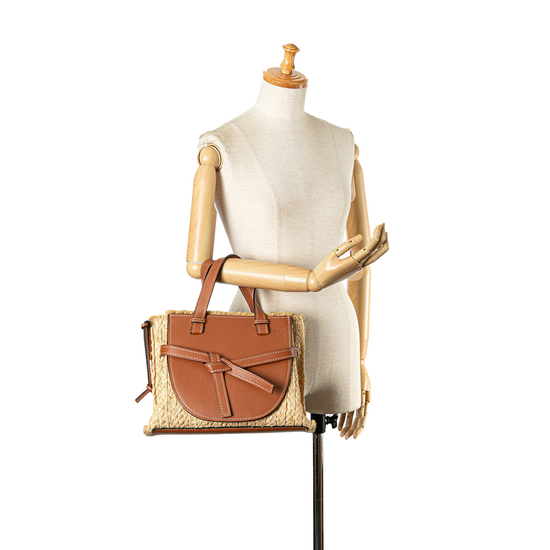 Small Raffia and Leather Gate Top Handle Bag Brown - Gaby Paris