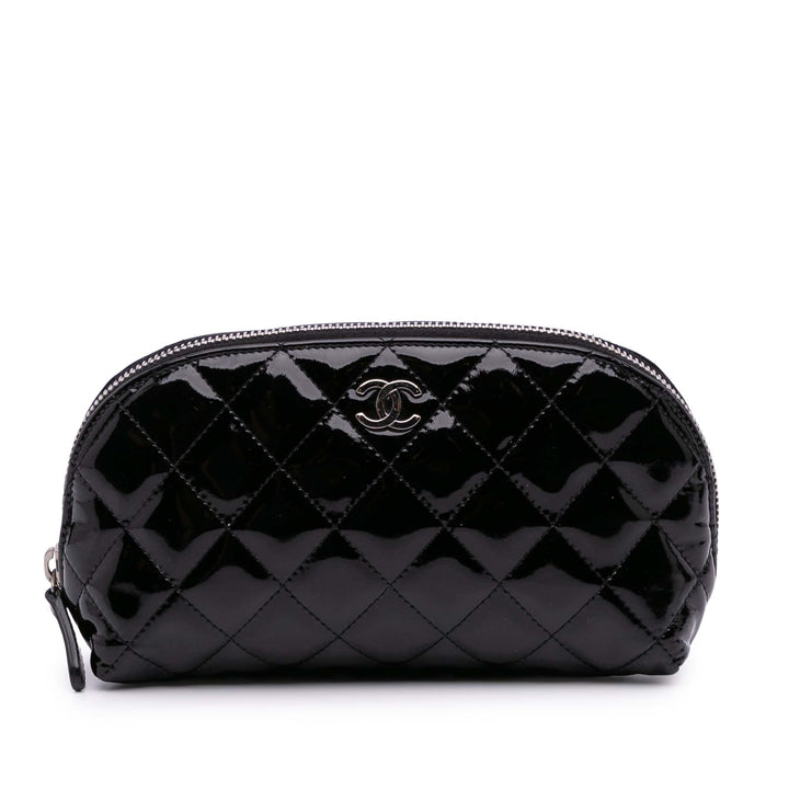 Chanel CC Quilted Cuir verni Cosmetic Pochette Noir