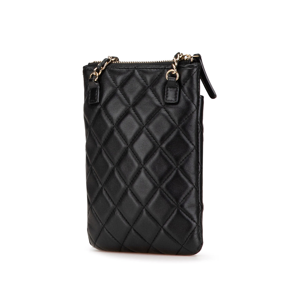 CC Quilted Lambskin Phone Holder with Chain Black - Gaby Paris