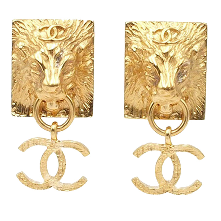 Chanel plaqué Lion Head CC pendantes fermoir poussette Boucles d’oreilles
