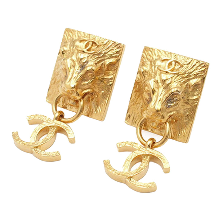 Chanel plaqué Lion Head CC pendantes fermoir poussette Boucles d’oreilles