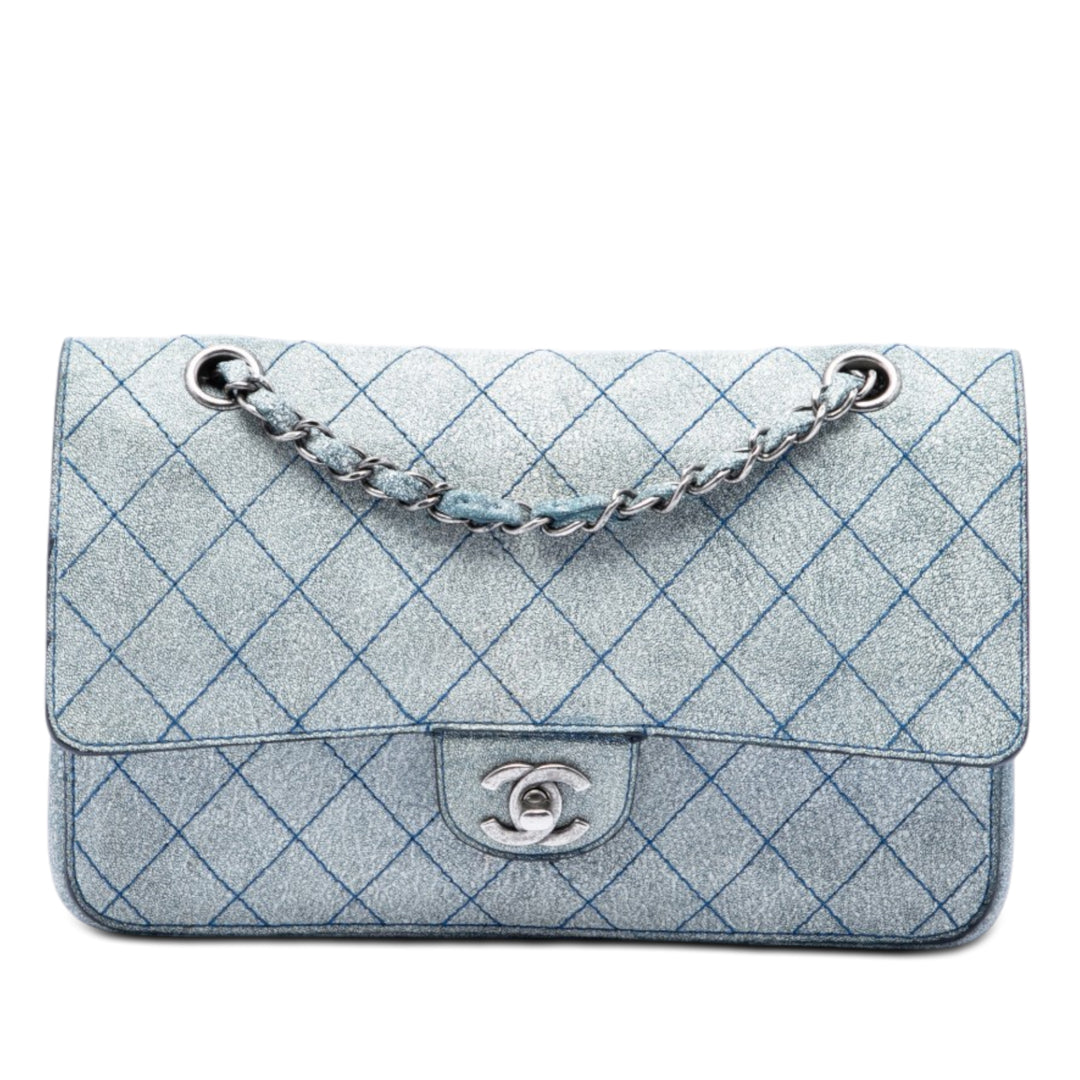 Chanel Classic Crackled Wild Stitch Double rabat Moyen Cuir de veau Bleu