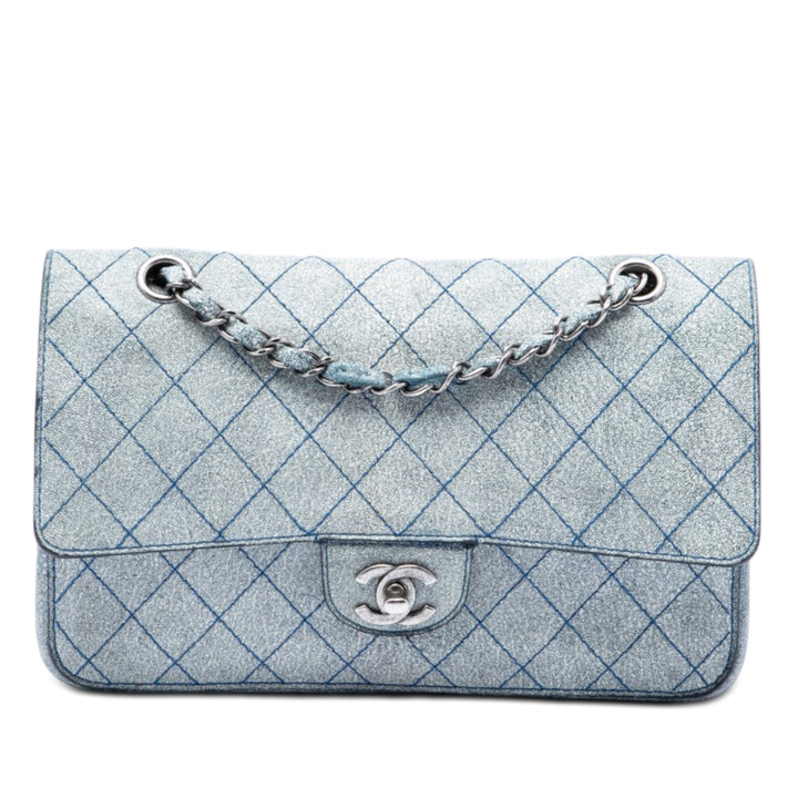 Chanel Classic Crackled Wild Stitch Double rabat Moyen Cuir de veau Bleu