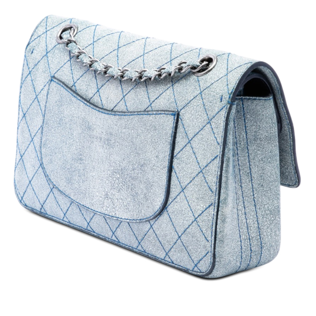 Chanel Classic Crackled Wild Stitch Double rabat Moyen Cuir de veau Bleu