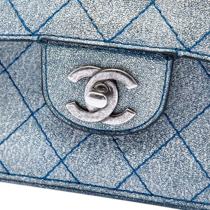 Chanel Classic Crackled Wild Stitch Double rabat Moyen Cuir de veau Bleu