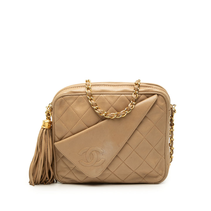CC Matelassé Pompon Sac caméra Mini Cuir d'agneau Beige