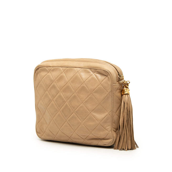 CC Matelassé Pompon Sac caméra Mini Cuir d'agneau Beige