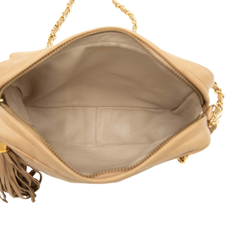 CC Matelassé Pompon Sac caméra Mini Cuir d'agneau Beige
