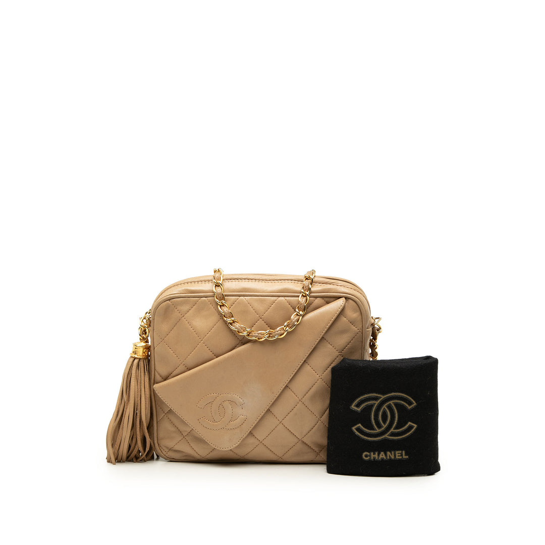 CC Matelassé Pompon Sac caméra Mini Cuir d'agneau Beige