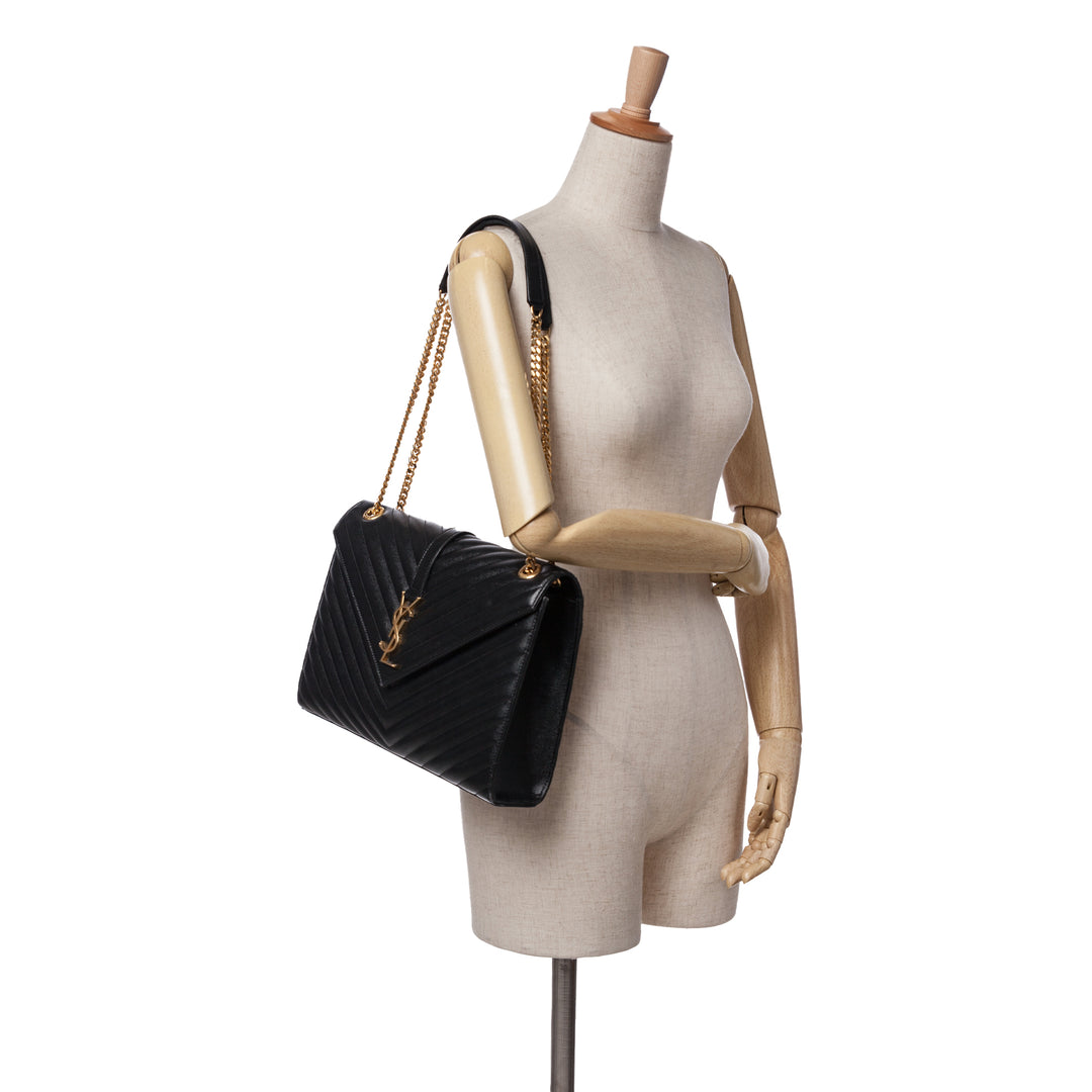 Large Grain de Poudre Monogram Chevron Envelope Bag Black - Gaby Paris